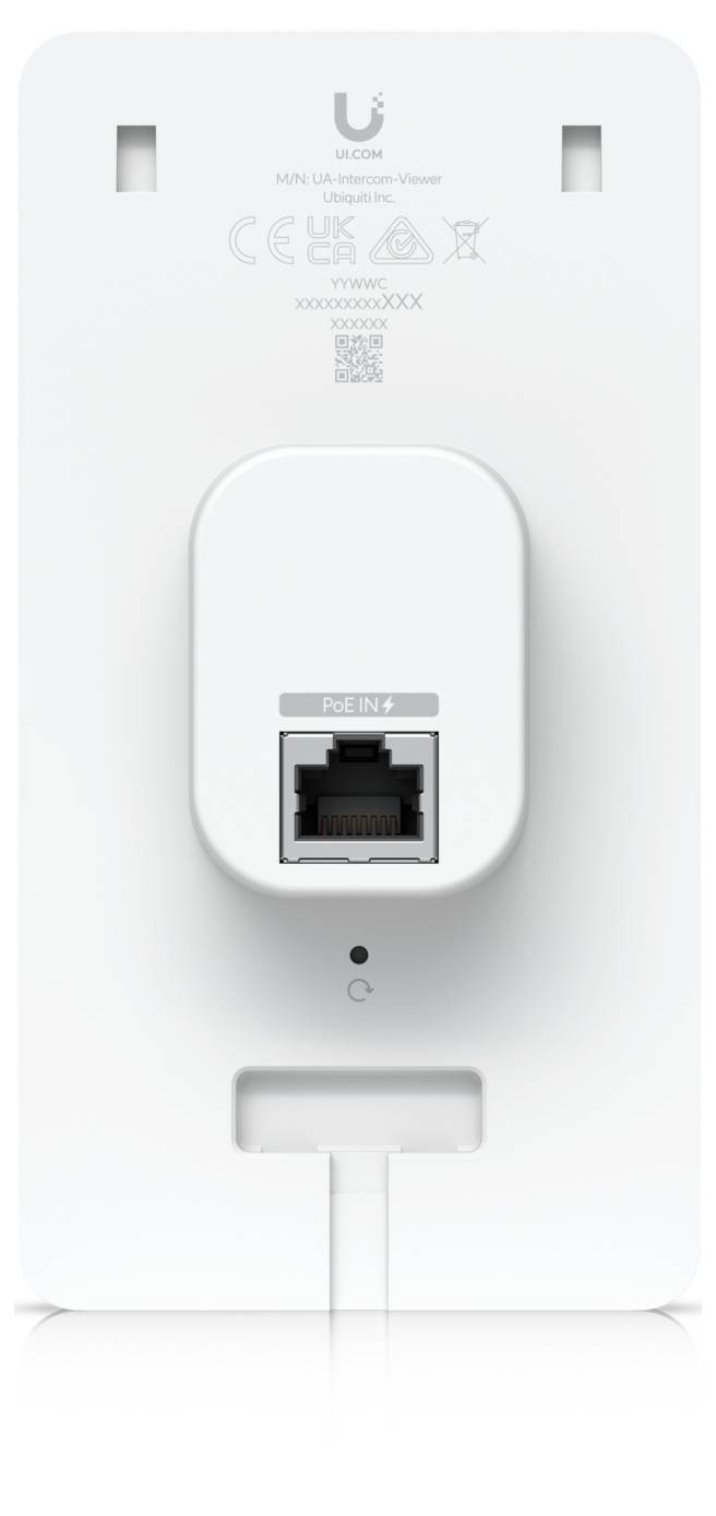 Bílé nástěnné zařízení napájené PoE s ethernetovým portem a stavovým indikátorem, pravděpodobně přístupový bod nebo zesilovač sítě.