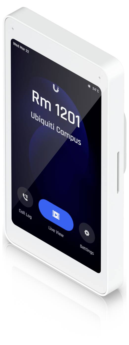 Bílá dotykový displej upevněný na zdi zobrazuje stav místnosti: 'Rm 1201', 'Ubiquiti Campus', teplota 24°C, s tlačítky Call (Volání), Live View (Přímý přenos) a Settings (Nastavení).