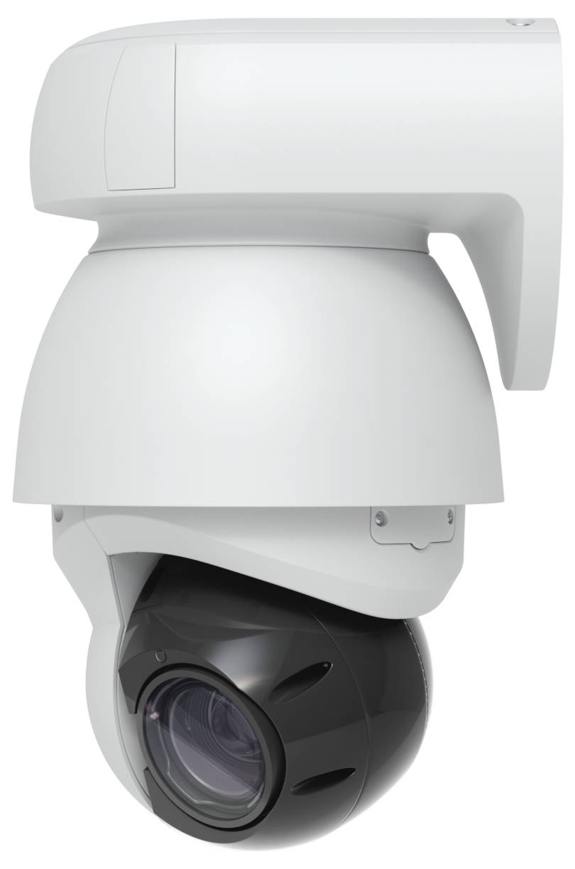 Bílá venkovní kamera PTZ se skleněnou kopulí, zobrazená v detailním záběru na neutrálním pozadí.
