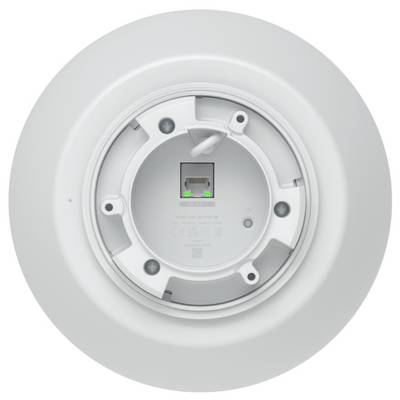 Spodní strana kulatého stropního detektoru kouře s viditelným centrálním portem Ethernet a připevňovacím hardware.