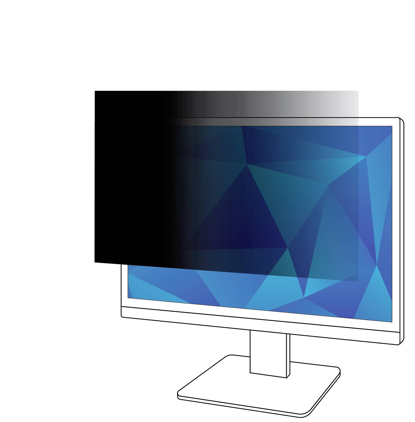 Plochý počítačový monitor s modrou geometrickou grafikou, částečně zakrytý velkým černým obdélníkovým prvkem.