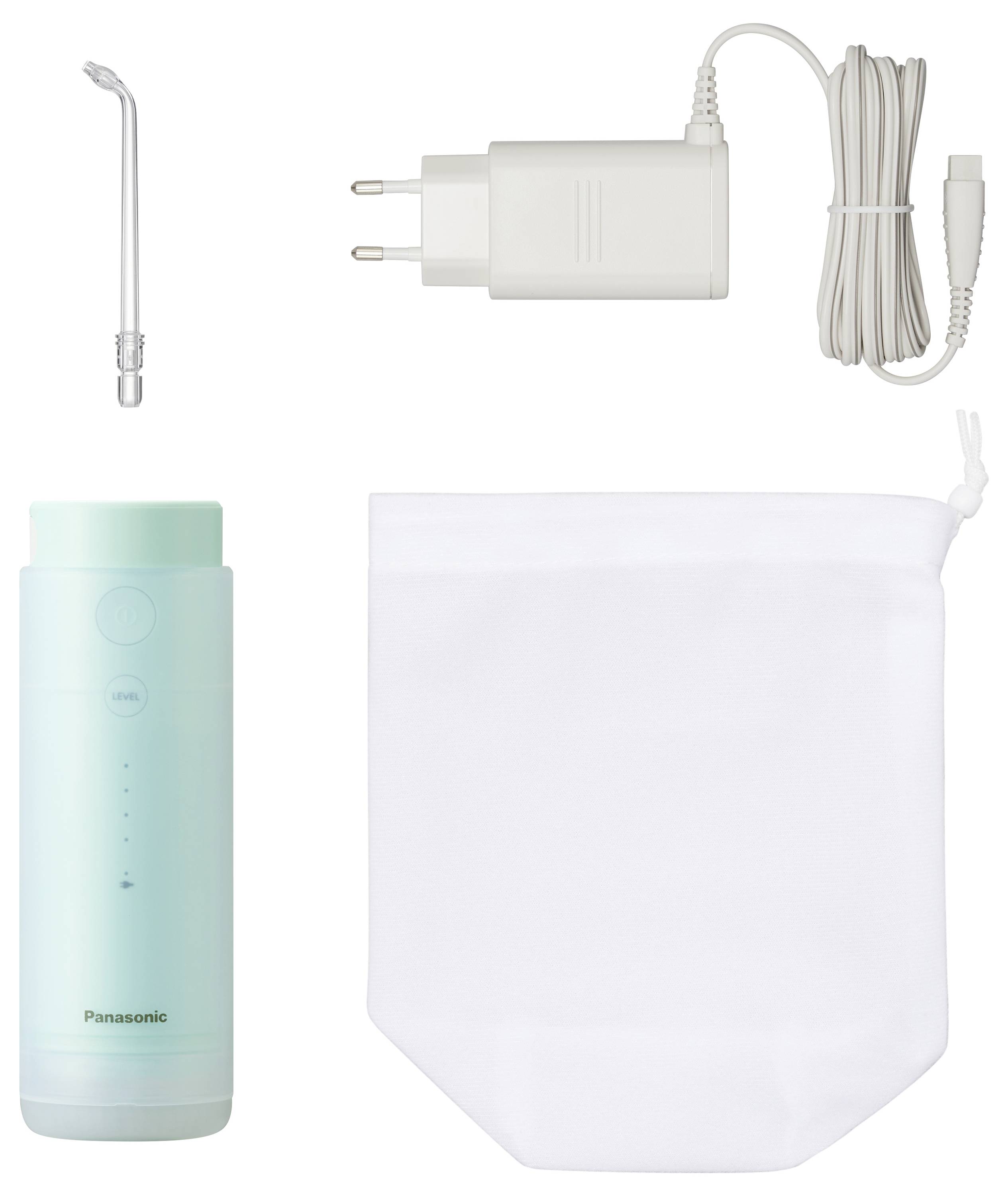 Elektrický dentální irrigátor Panasonic s napájecím adaptérem, hubicí a bílou nádobou na vodu zobrazenou jako součást balení.