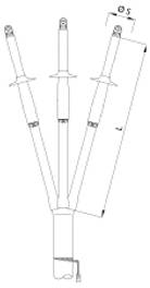 Technický diagram tříramenného mechanického nástroje nebo spojovacího sestavy se třemi úhlovými hřídelemi připojenými k centrální základně s měřícími značkami.