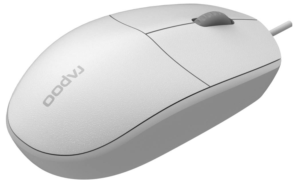 Bílá drátová počítačová myš s kolečkem pro posouvání a logem Lenovo zobrazená na prostém pozadí.