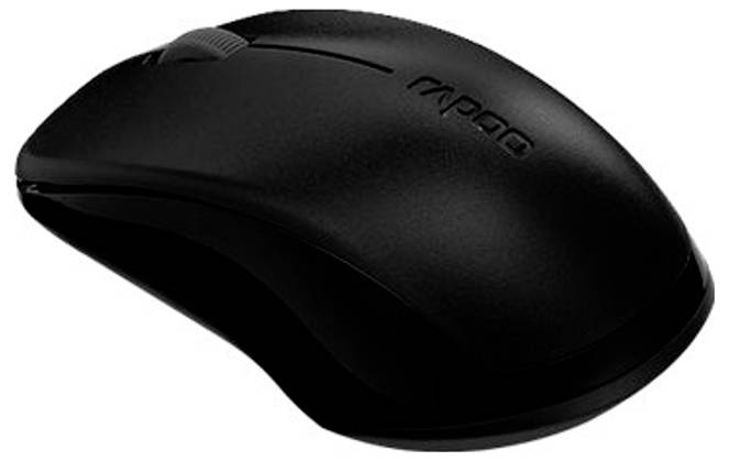 Černá bezdrátová počítačová myš s ohnutým ergonomickým designem a kolečkem pro posouvání, zobrazená na bílém pozadí.