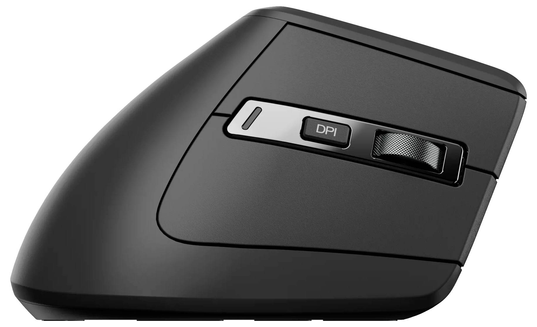Černá ergonomická počítačová myš s tlačítkem DPI a kolečkem pro posun na horní straně, zobrazená na bílém pozadí.