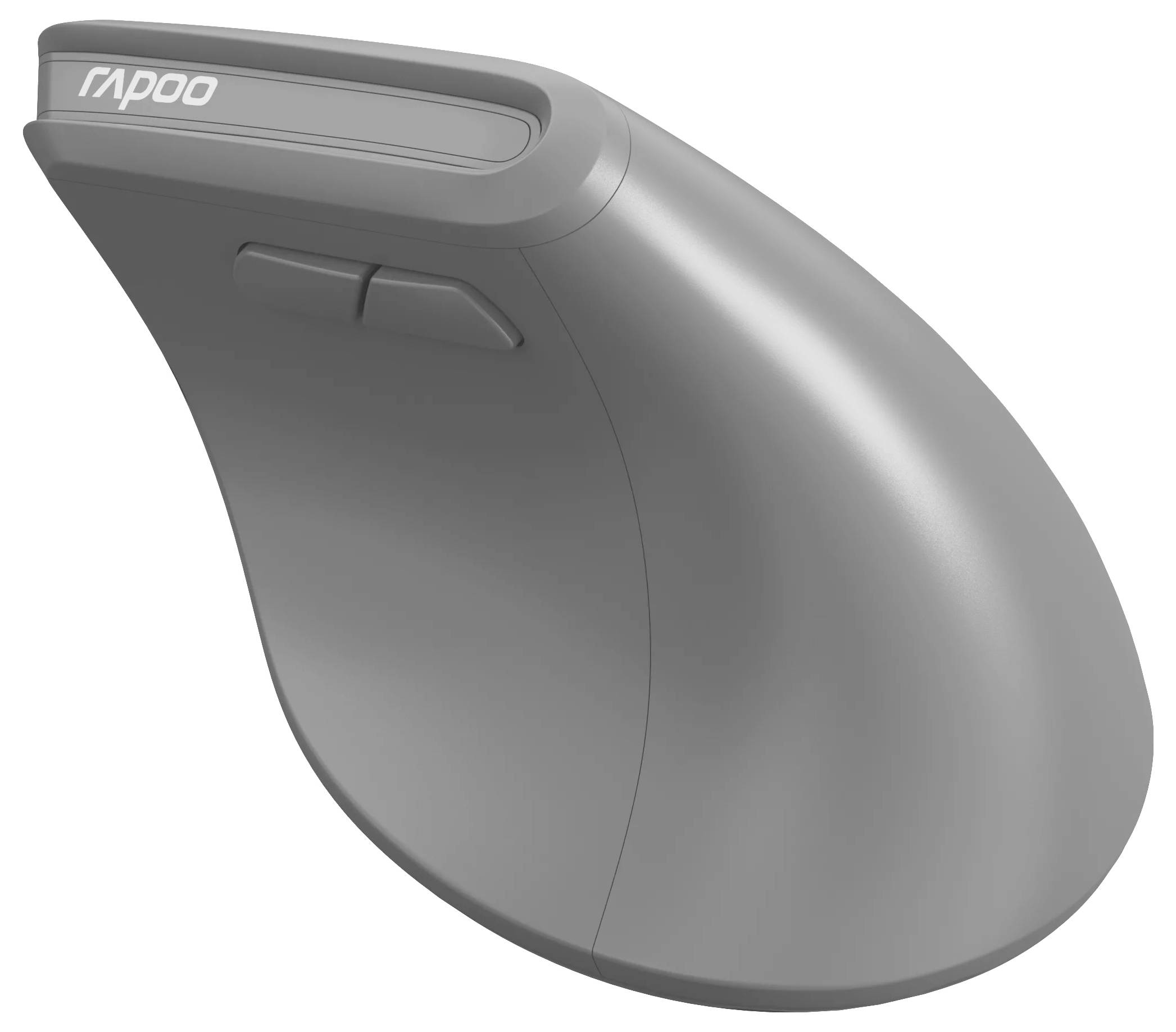 Šedá ergonomická bezdrátová myš Rapoo zobrazená ze strany s konturovaným tělem a dvěma bočními tlačítky.