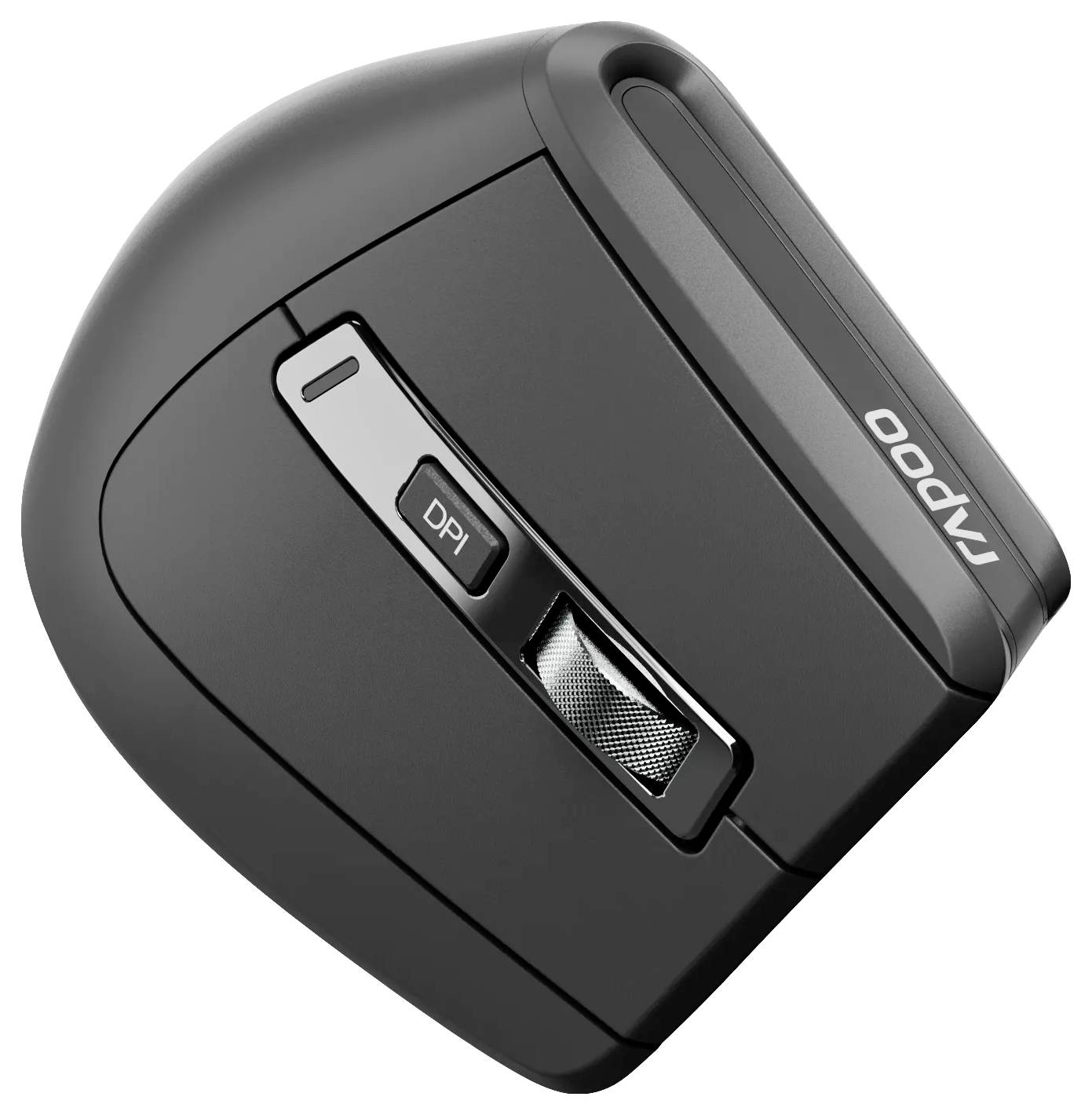 Černá ergonomická bezdrátová myš RAPOO se strančním tlačítkem „DPI" a strukturovaným kolečkem pro posun, zobrazena na bílém pozadí.