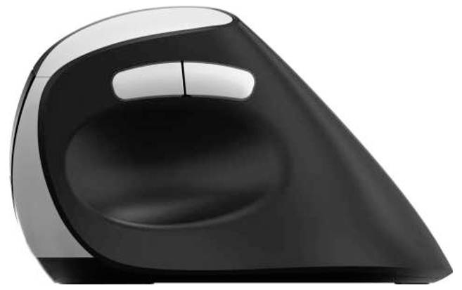 Černý a stříbrný ruční elektrický masér s ergonomickým zakřiveným gripem a dvěma tlačítky na horní straně, zobrazený na bílém pozadí.