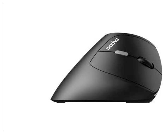 Černá ergonomická vertikální bezdrátová myš s kolečkem pro posouvání a logem na bílém pozadí.