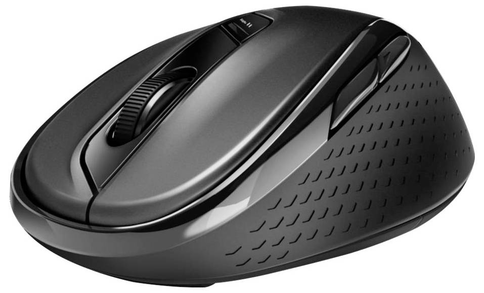 Černá ergonomická bezdrátová počítačová myš s kolečkem na posun a bočními tlačítky na bílém pozadí.