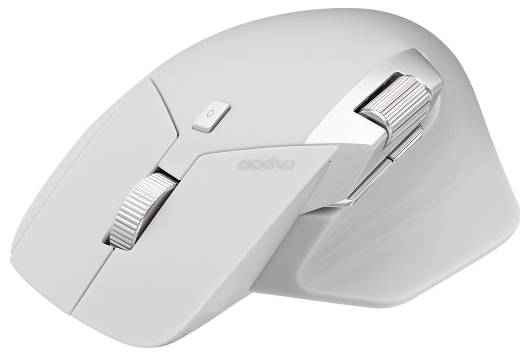 Bílá ergonomická bezdrátová myš se scrollovacím kolečkem a bočními tlačítky na neutrálním pozadí.