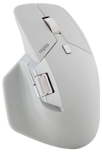 Šedá ergonomická bezdrátová myš s kolečkem pro posouvání, bočním palcovým kolečkem a malým horním tlačítkem, zobrazená na bílém pozadí.