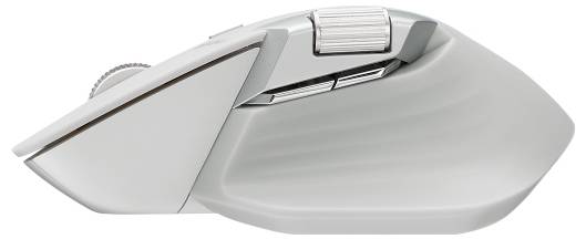 Stříbrná ergonomická počítačová myš pohled ze strany, viditelné kolečko pro posun a tlačítka pro palec.