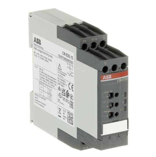 ABB CM-ESS.1S průmyslový modul řídicího relé s označenými svorkami a přípojnými porty, zobrazený na bílém pozadí.