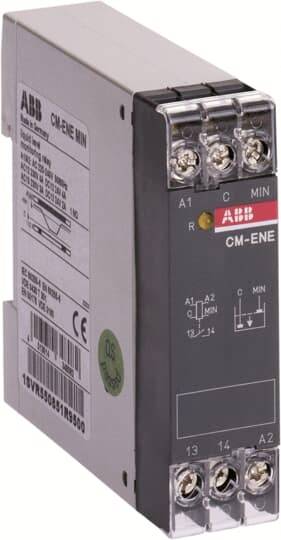 Elektrické monitorovací relé ABB CM-ENE se šroubovacími svorkami a označeným čelním panelem zobrazujícím svorky A1, A2, 13, 14, C a indikátory MIN.