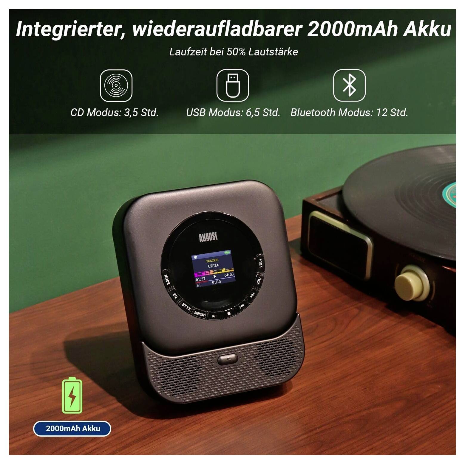 Přenosný hudební přehrávač v retro stylu s integrovanou nabíjecí baterií 2000mAh; text uvádí dobu provozu při 50% hlasitosti: CD 3,5 hod, USB 6,5 hod, Bluetooth 12 hod.