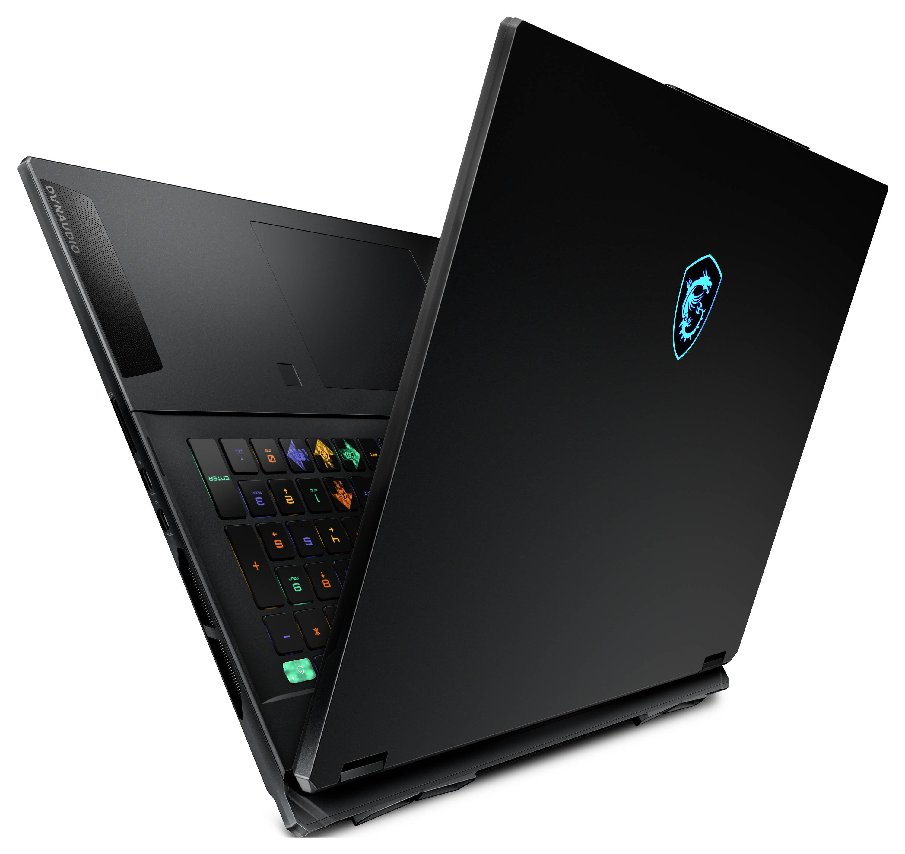 Otevřený černý laptop MSI zobrazený částečně zavřený, se svítícím logem draka na víku a RGB podsvícenou klávesnicí viditelnou uvnitř.