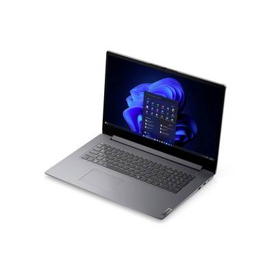 Otevřený šedý laptop zobrazující plochu systému Windows 11 na své obrazovce, pohled pod úhlem na bílém pozadí.
