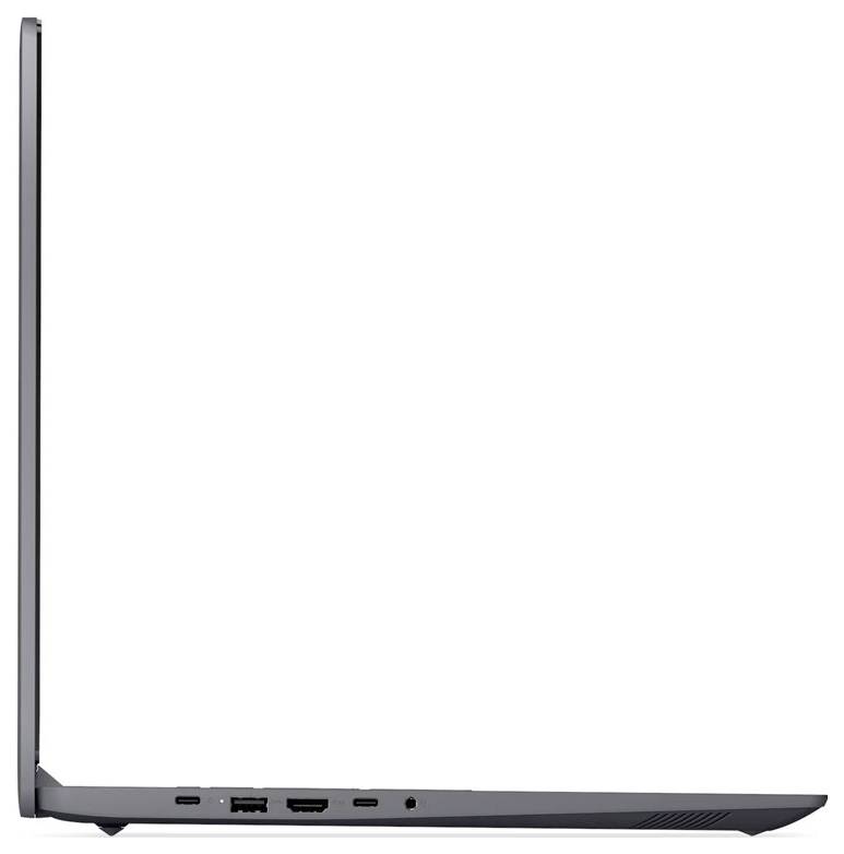 Pohled ze strany na tenký černý laptop, zobrazený zavřený a mírně otevřený s viditelnými porty podél levého okraje a spodní části.