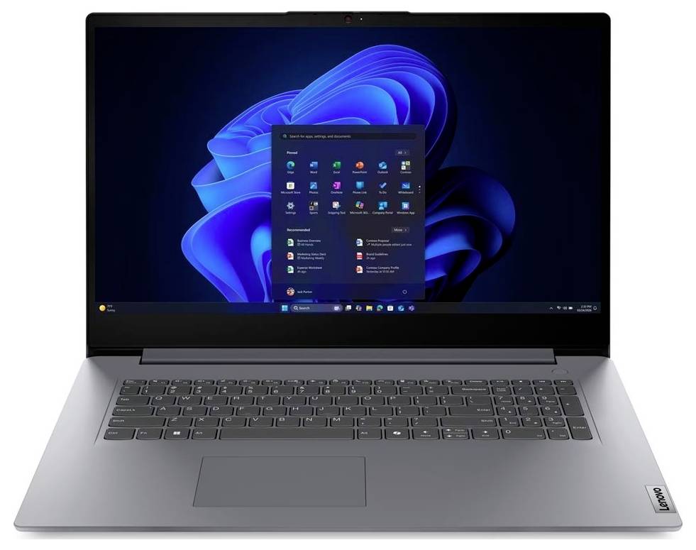 Stříbrný laptop Lenovo zobrazující plochu Windows 11 s otevřenou nabídkou Start na obrazovce.