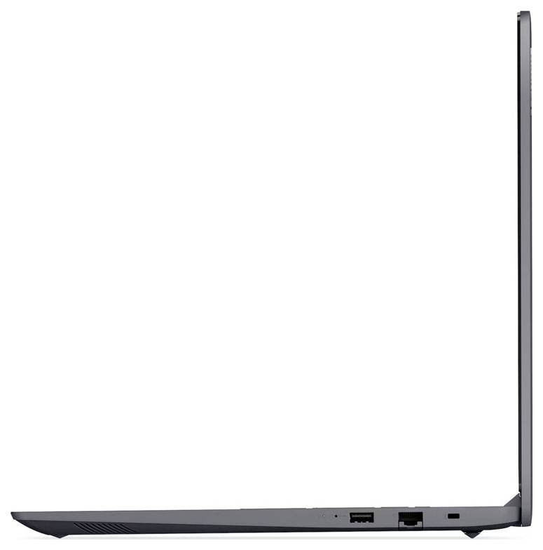 Pohled zezadu na tenký černý notebook, zobrazený zavřený na bílém pozadí s viditelnými porty podél pravého okraje.