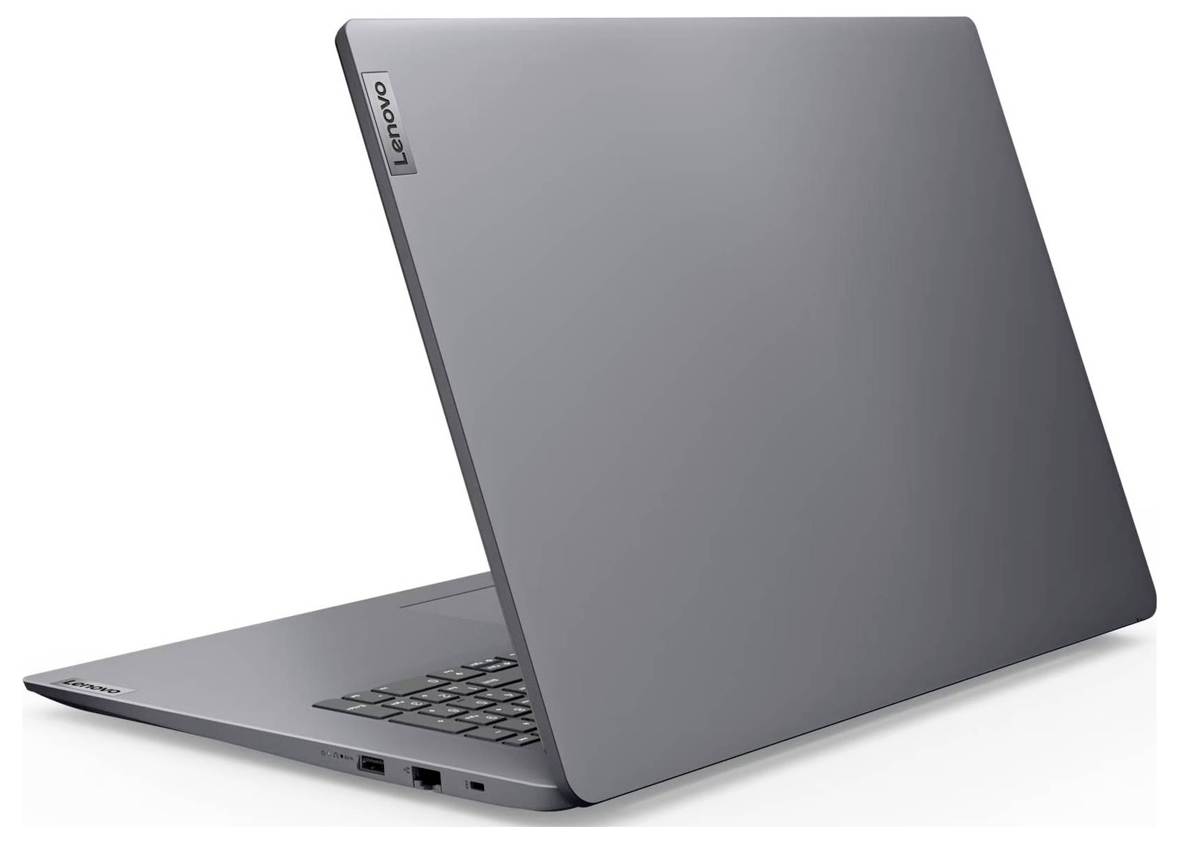 Šedý laptop Lenovo částečně otevřený na bílém pozadí, s viditelnou klávesnicí a porty.