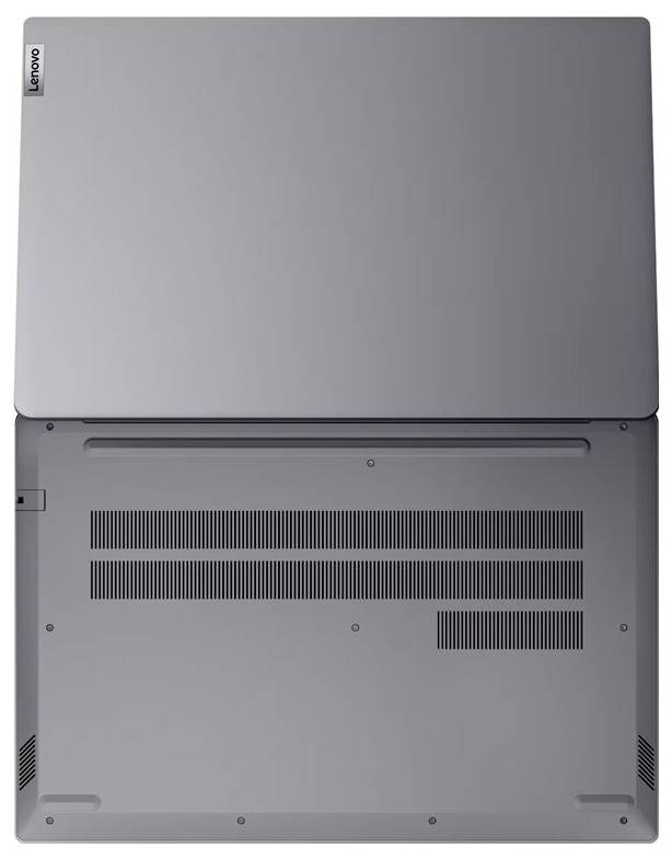Zavřený stříbrný laptop Lenovo zobrazený zezadu, s víkem nahoře a spodní stranou dole, s ventilačními mřížkami.