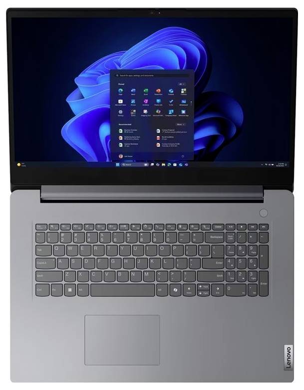 Pohled shora na přenosný počítač Lenovo se systémem Windows 11 otevřeným na obrazovce a viditelnou klávesnicí a touchpadem.