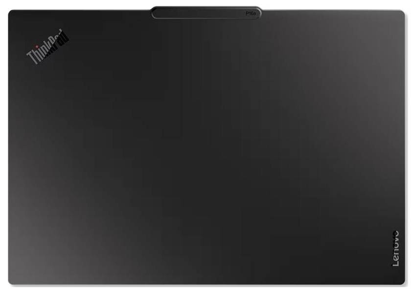 Zavřené víko černého notebooku Lenovo ThinkPad se znakem ThinkPad v levém horním rohu a logem Lenovo na pravém okraji.