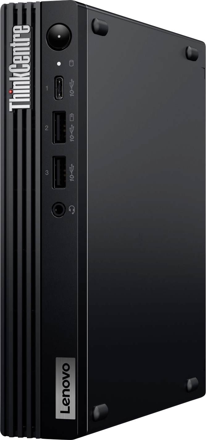 Černý počítač Lenovo ThinkCentre, pohled zepředu zleva, s vertikálním logem ThinkCentre a předními porty USB a audio.
