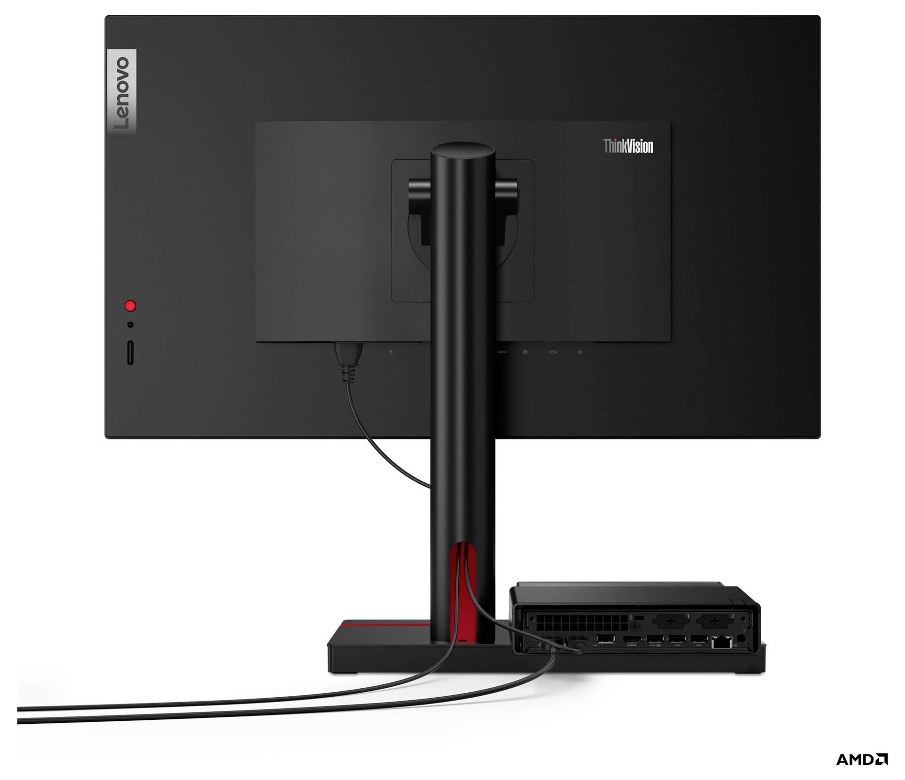 Zadní pohled na monitor Lenovo ThinkVision na stojanu s připojenými kabely a připojeným mini PC umístěným v základně.