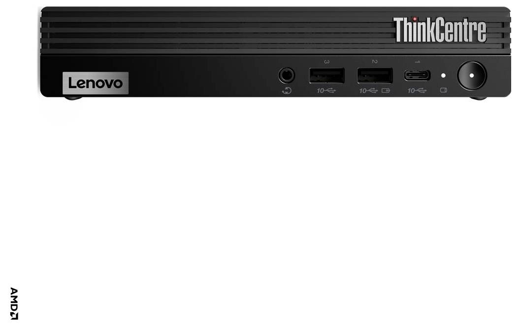 Přední pohled na stolní počítač Lenovo ThinkCentre, ukazující přední panel s tlačítkem napájení, porty a značkou.