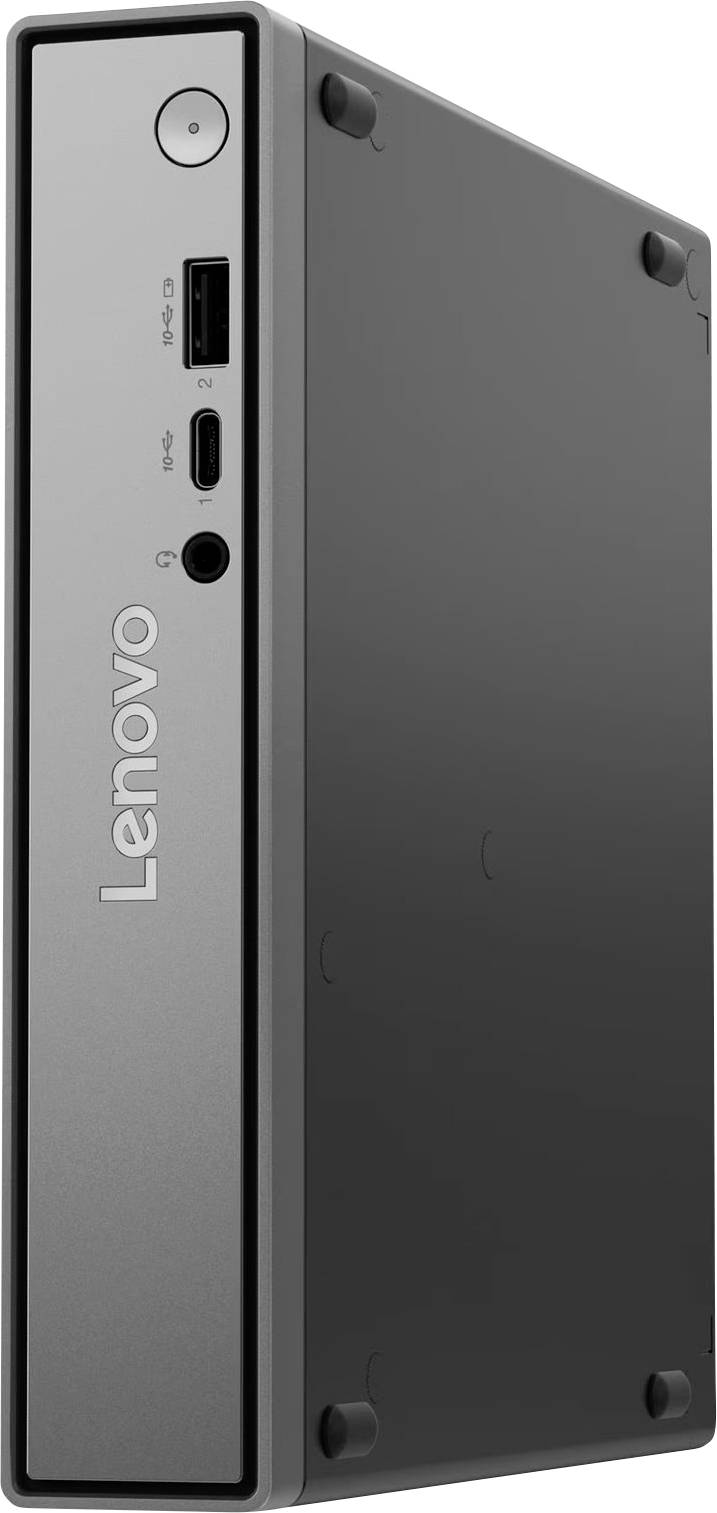 Bočný pohled na miniaturní stolní počítač Lenovo zobrazující přední panel s tlačítkem napájení, porty USB-A, USB-C a audio jack.