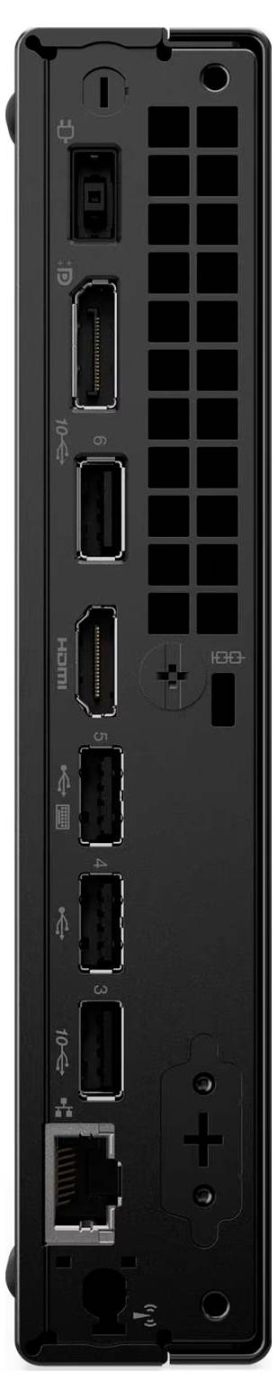 Zadní pohled na černý elektronický přístroj zobrazující porty a větrání: napájecí vstup, HDMI, více USB portů a síťový konektor Ethernet.