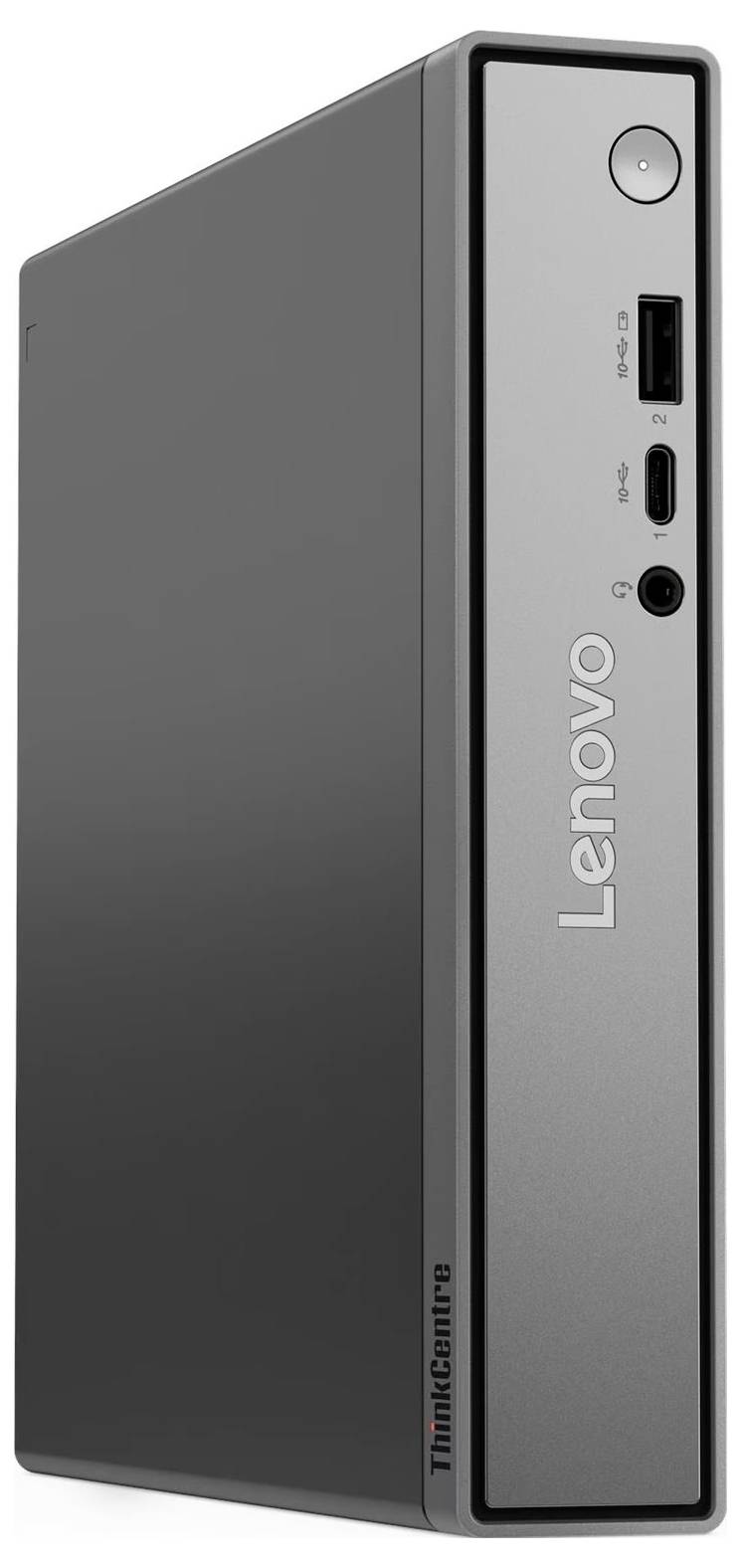 Lenovo ThinkCentre počítačová věž zobrazená zepředu a ze strany, s tlačítkem napájení, portem USB, portem USB-C a audio jackem na přední desce.