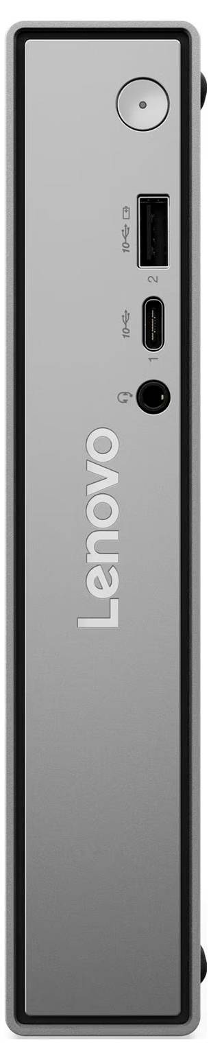 Přední panel vertikálního zařízení Lenovo s viditelnými tlačítkem napájení, portem USB-C a audio jackem.