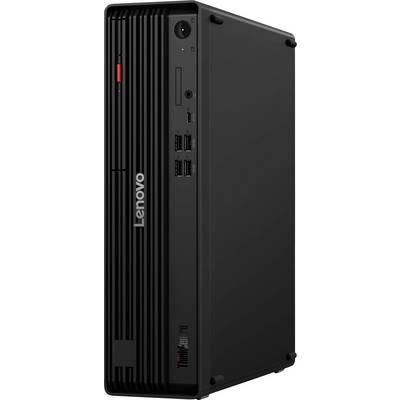 Boční pohled na černou stolní věž Lenovo s vertikálními otvory na přední straně a USB porty na předním panelu.