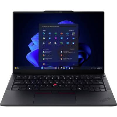 Černý laptop Lenovo ThinkPad zobrazující nabídku Start systému Windows 11 na obrazovce.