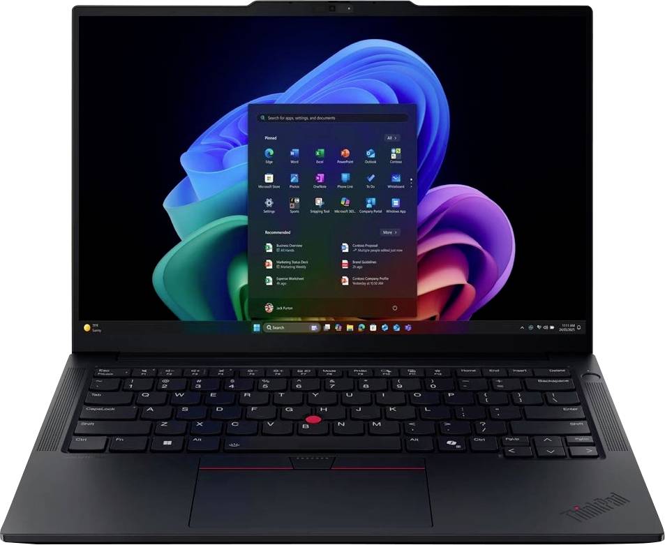 Laptop Lenovo ThinkPad zobrazující plochu Windows 11 a nabídku Start na obrazovce.
