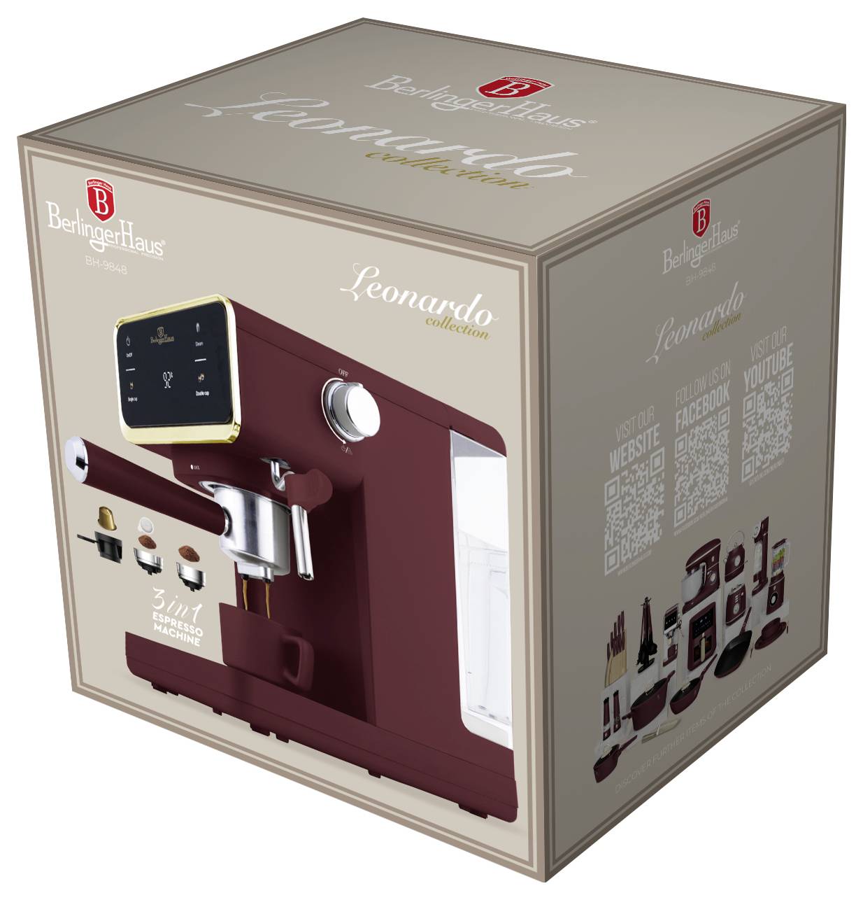 Krabice pro Bergnerhaus Leonardo kolekci 3v1 espresso машины, na které je vidět bordeauxský kávovar a vlastnosti produktu na balení.