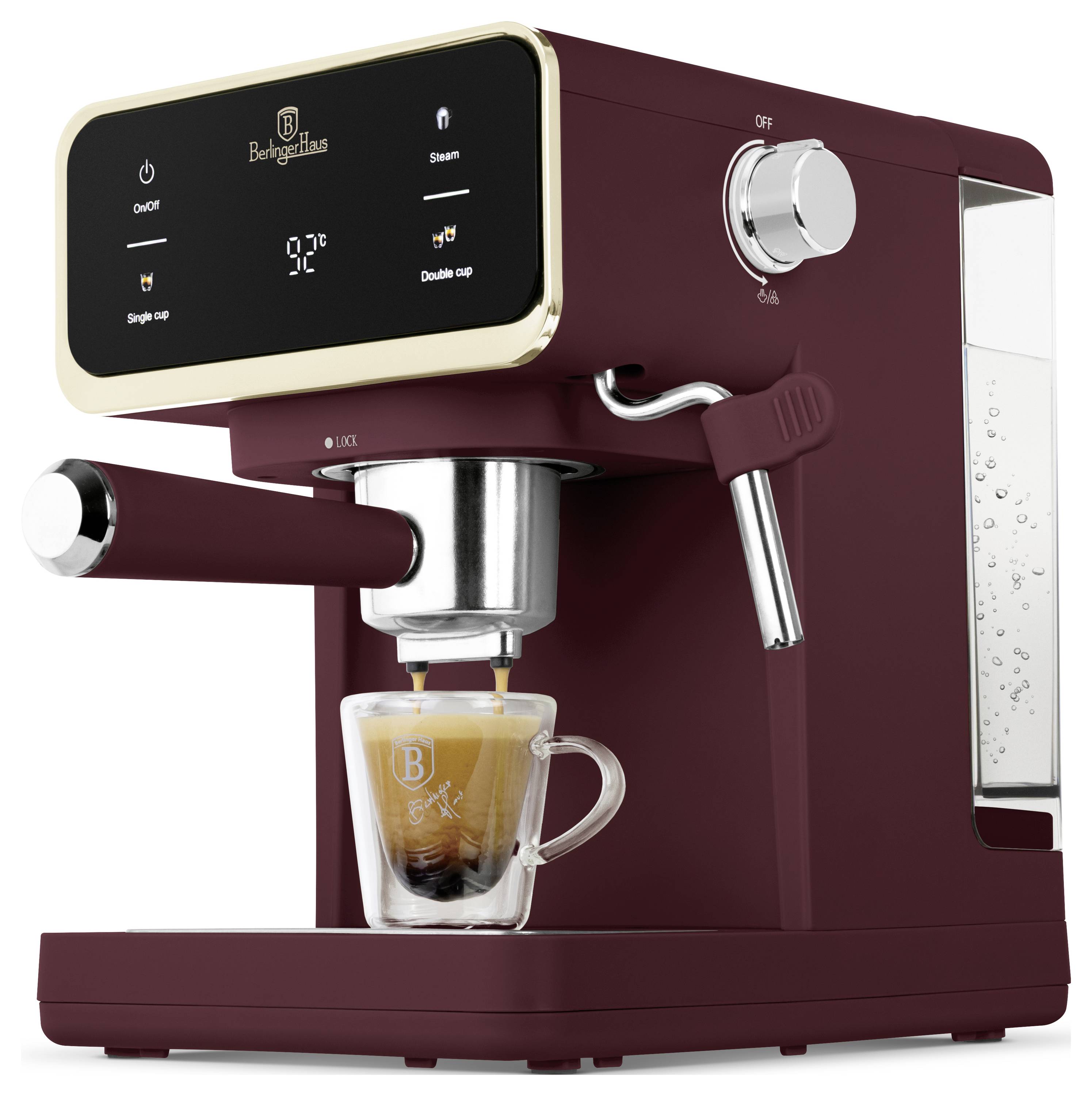 Bordoská espresso mašina, která vaří kávu do průhledného skleněného šálku, s dotykovým displejem a parní hubicí.