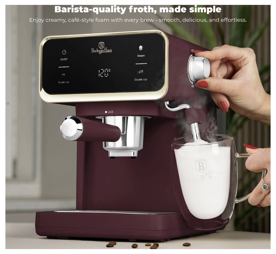 Burgundská espresso machine, která vyrábí pěnu z mléka v sklenice, s textem "Pěna v kvalitě baristy, jednoduše vyrobená" propagující snadné vytvoření pěny v café stylu.