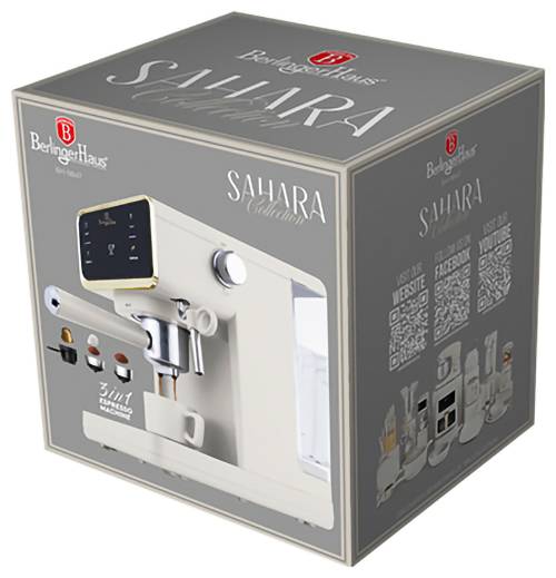 Krabicové balení pro kávovar Berlinger Haus Sahara, který ukazuje espresso maker na přední straně a značku produktu na šedé krabici.