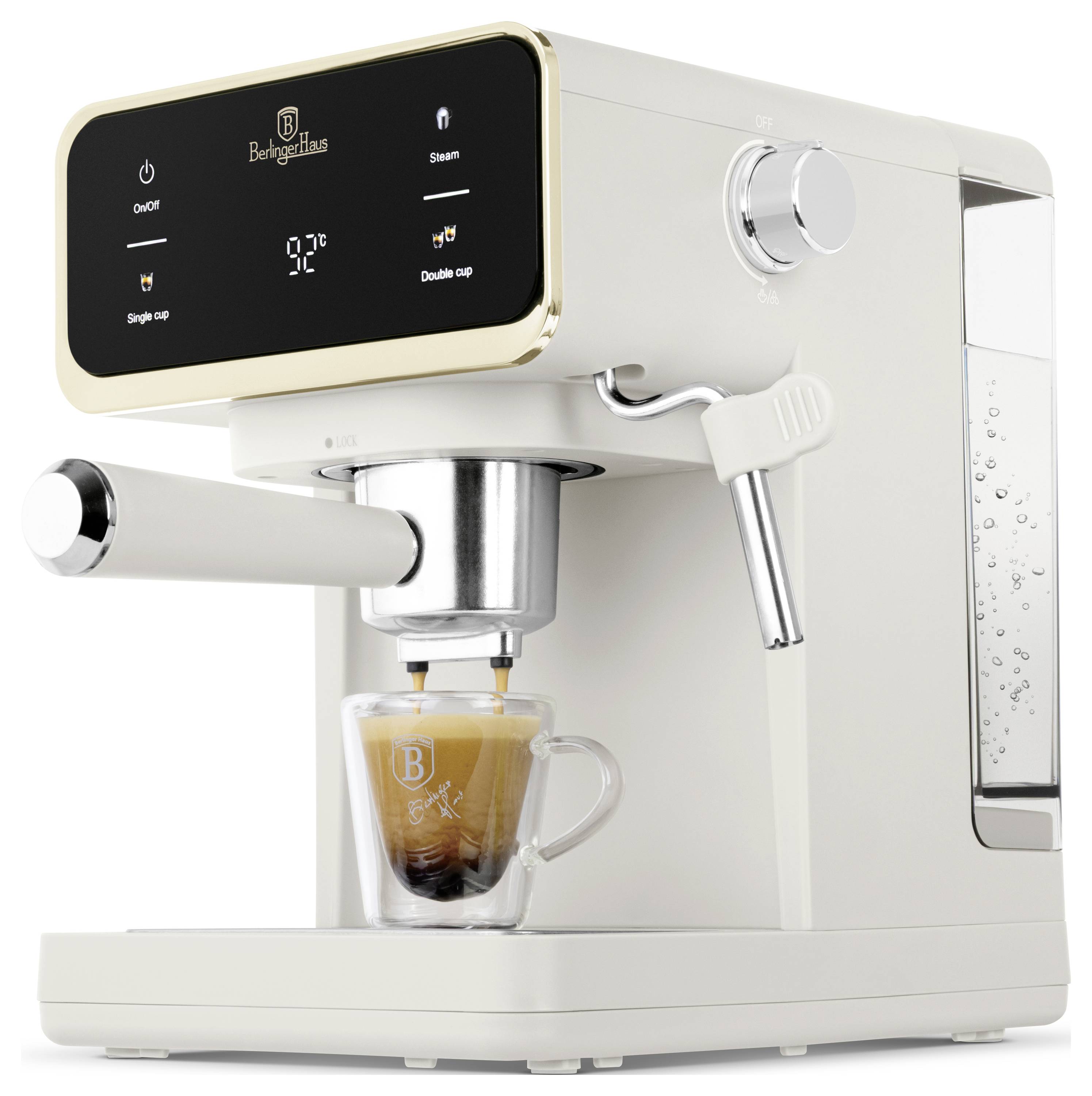 Bílý espresso stroj BerlingerHaus připravuje kávu do průhledného šálku s digitálním ovládacím panelem zobrazujícím páru a možnosti jednoduchého/dvojitého espressa.