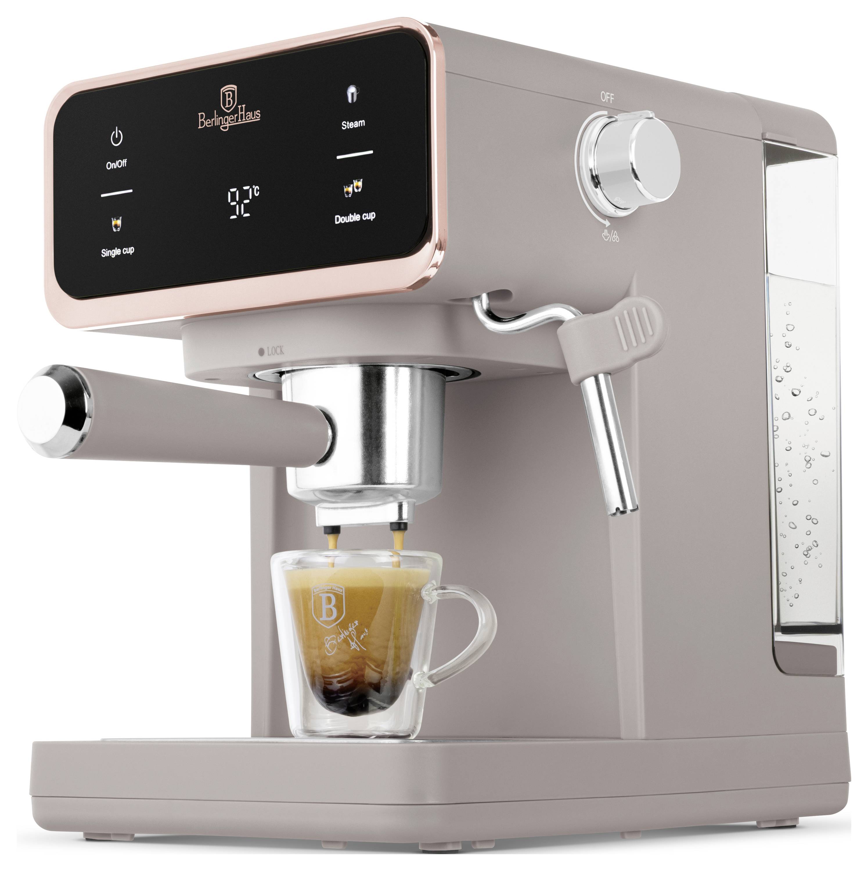 Kompaktní espresso stroj Berlingerhaus vaří kávu do sklenice, má dotykové ovládání a parní trysku.