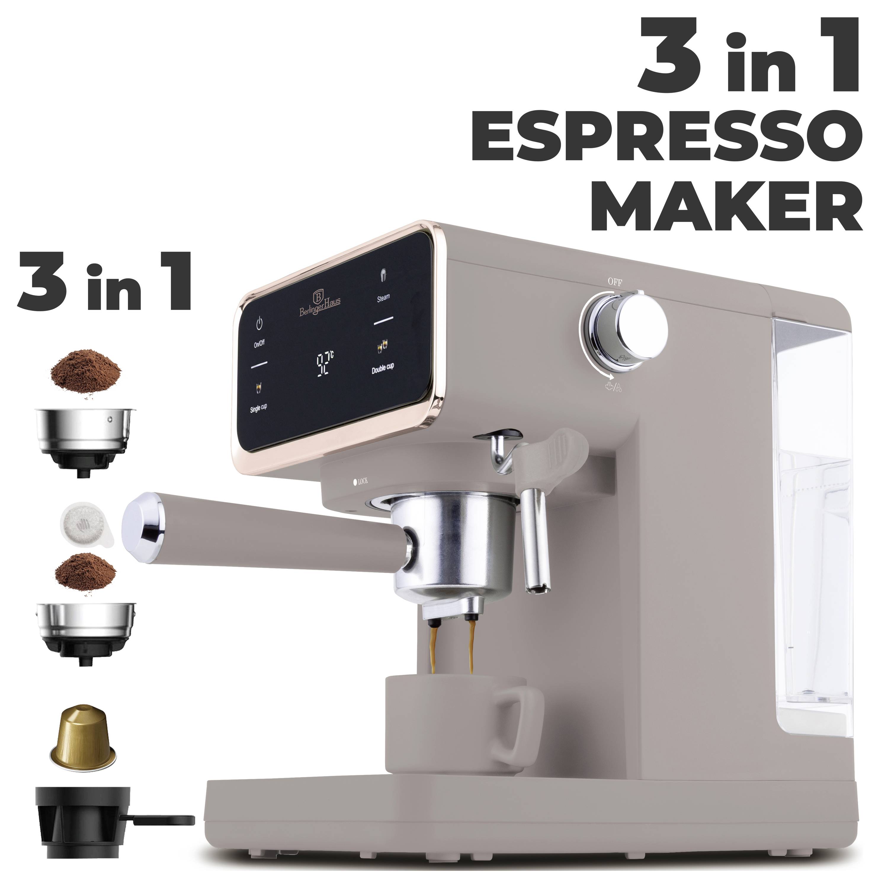 Trojitý espresso kávovar s dotykovým displejem, možnostmi rukojetě a šálkem pod výtokem, zobrazený při přípravě kávy s příslušenstvím v podobě zrn a kapslí.