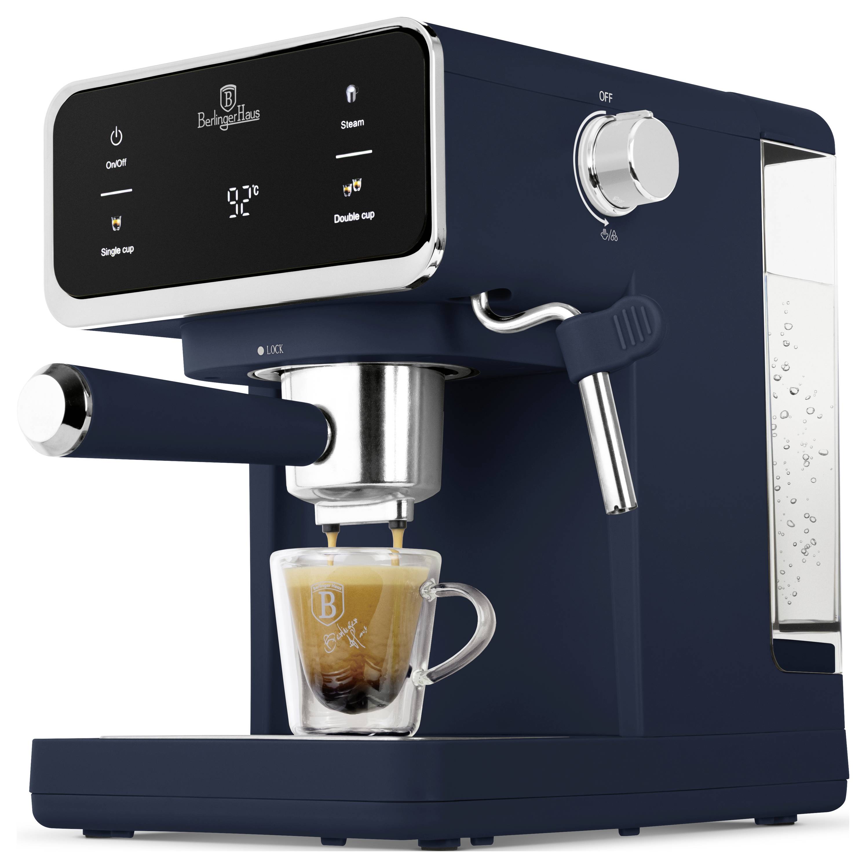 Modrý espresso stroj BerlingerHaus připravující vrstvený kávový nápoj do sklenice s viditelným digitálním ovládáním a parní tryskou.