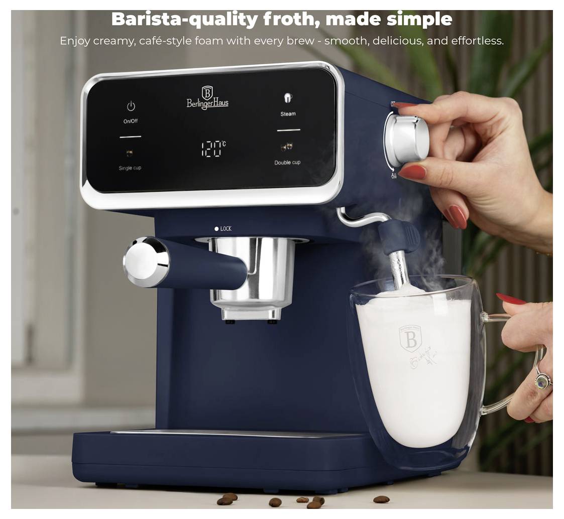 Kávovář pienenku do sklenice, kde ruce používají parní páku; text zní „Barista-kvalitní pěna, jednoduše vyrobená".