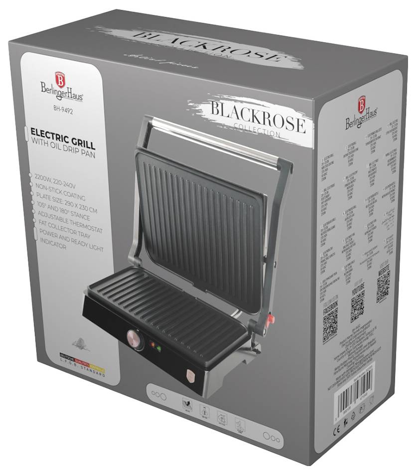 Balení pro Berlinger Haus 'Black Rose Collection' elektrického grilu s pánví na sběr oleje, zobrazující obrázek produktu grilu a seznam funkcí.